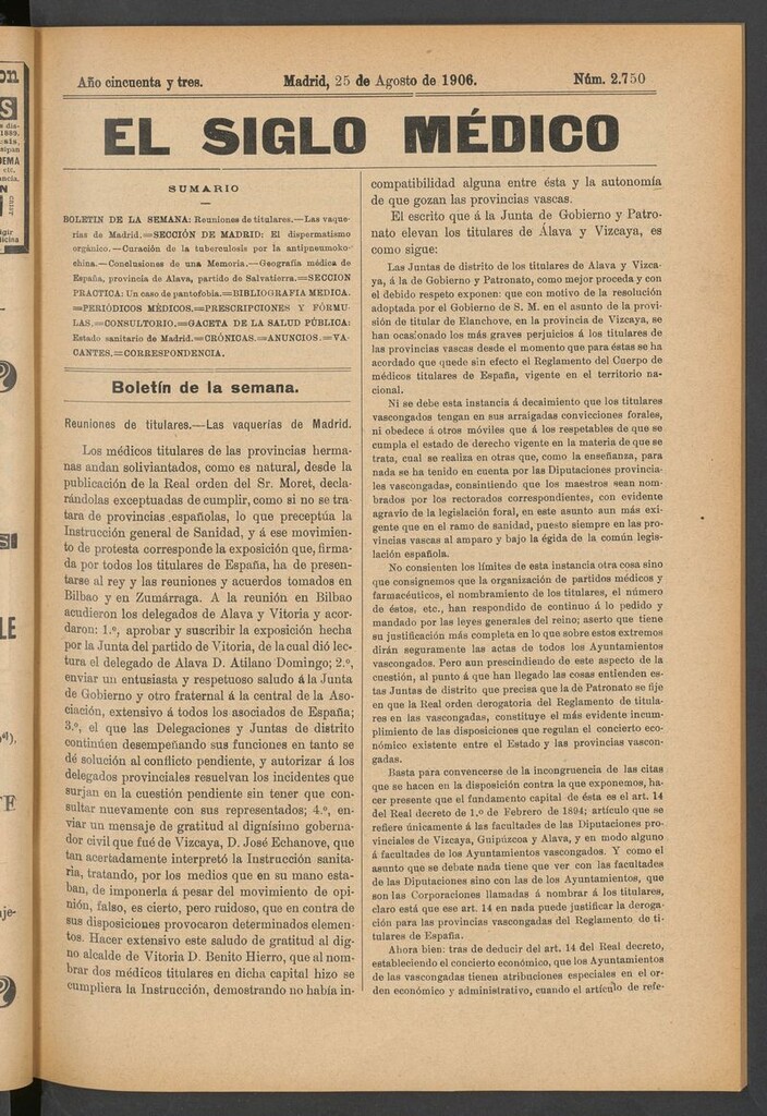 Miniatura de El Siglo Médico: boletín de medicina y gaceta médica del 25 de agosto de 1906