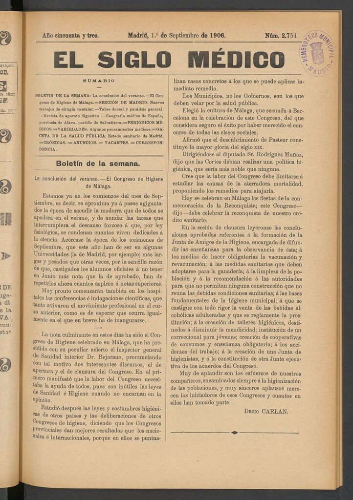 Miniatura de El Siglo Médico: boletín de medicina y gaceta médica del 1 de septiembre de 1906