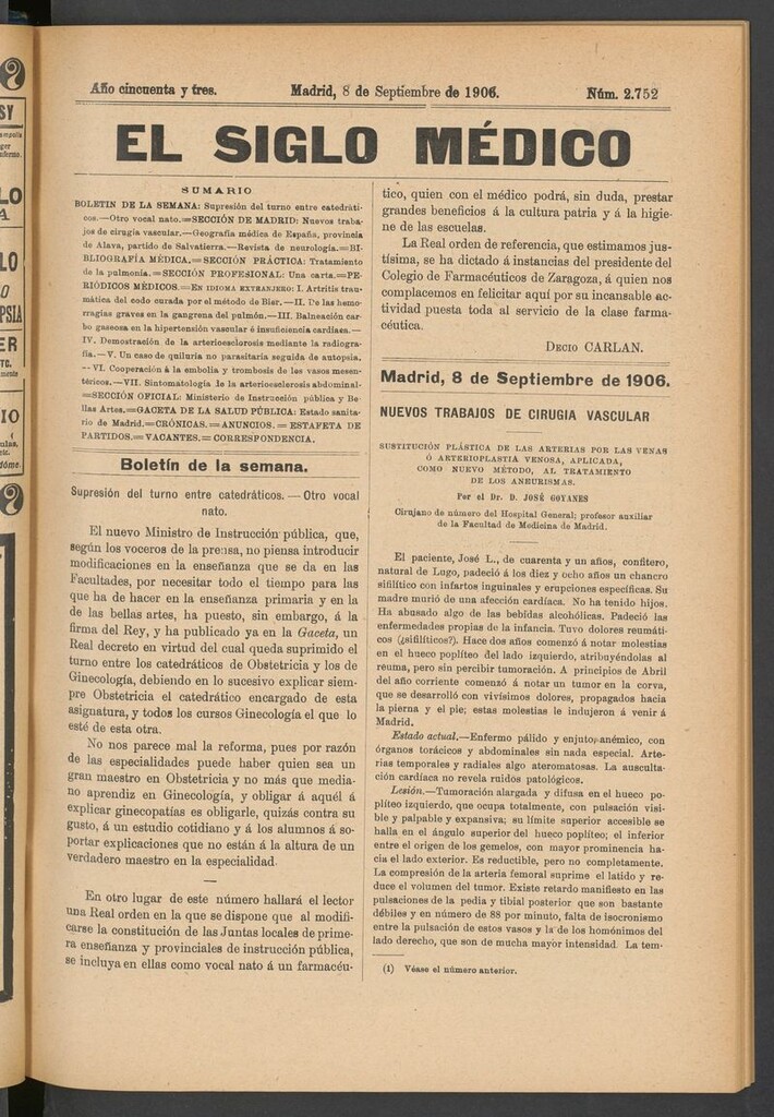 Miniatura de El Siglo Médico: boletín de medicina y gaceta médica del 8 de septiembre de 1906