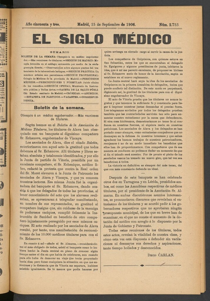Miniatura de El Siglo Médico: boletín de medicina y gaceta médica del 15 de septiembre de 1906