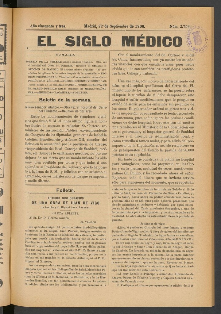 Miniatura de El Siglo Médico: boletín de medicina y gaceta médica del 22 de septiembre de 1906