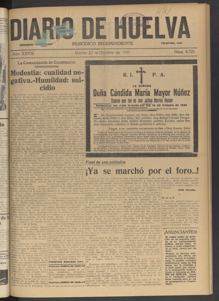 Miniatura de Diario de Huelva : periódico independiente del 22 de octubre de 1935