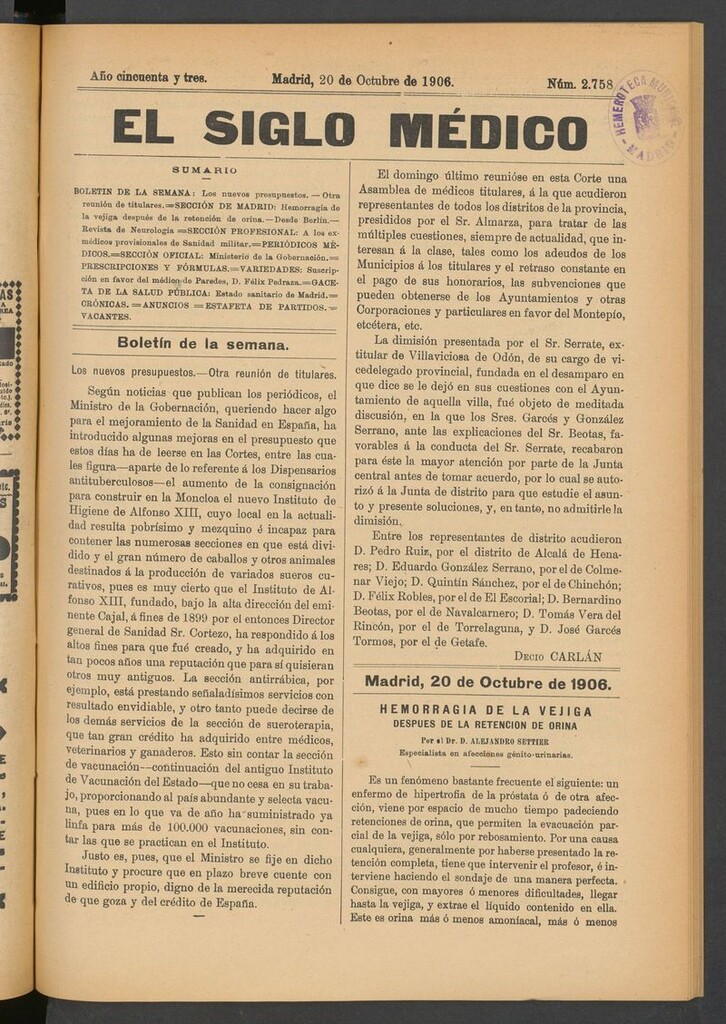 Miniatura de El Siglo Médico: boletín de medicina y gaceta médica del 20 de octubre de 1906