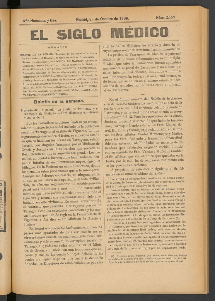 Miniatura de El Siglo Médico: boletín de medicina y gaceta médica del 27 de octubre de 1906