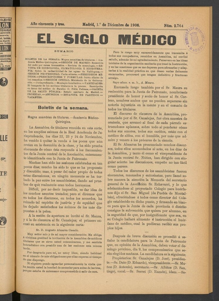 Miniatura de El Siglo Médico: boletín de medicina y gaceta médica del 1 de diciembre de 1906