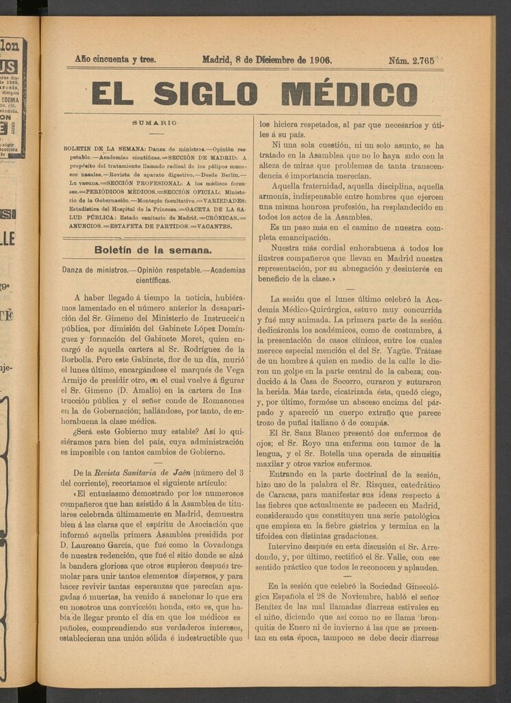 Miniatura de El Siglo Médico: boletín de medicina y gaceta médica del 8 de diciembre de 1906