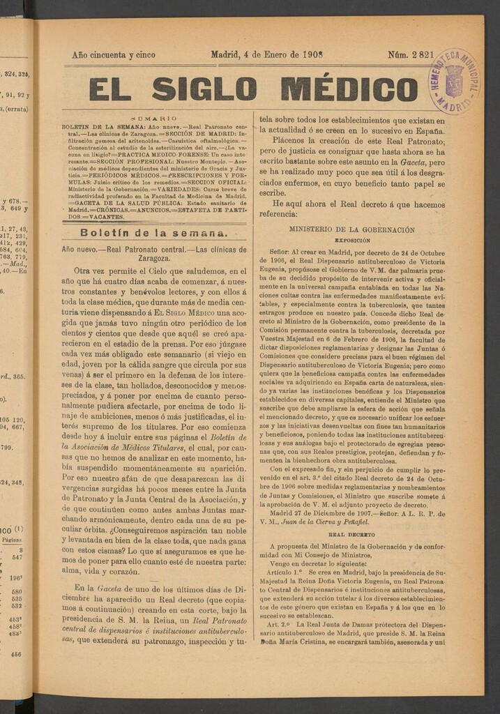 Miniatura de El Siglo Médico: boletín de medicina y gaceta médica del 4 de enero de 1908