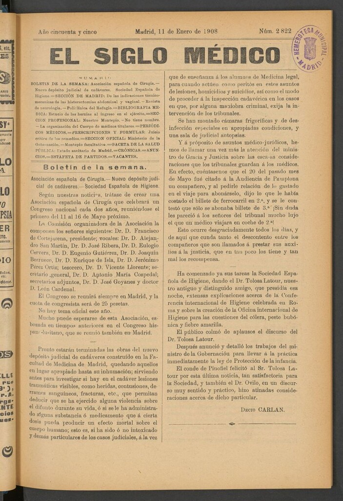 Miniatura de El Siglo Médico: boletín de medicina y gaceta médica del 11 de enero de 1908