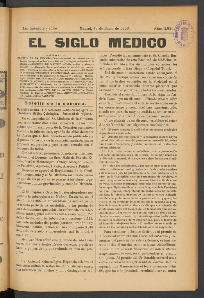 Miniatura de El Siglo Médico: boletín de medicina y gaceta médica del 18 de enero de 1908