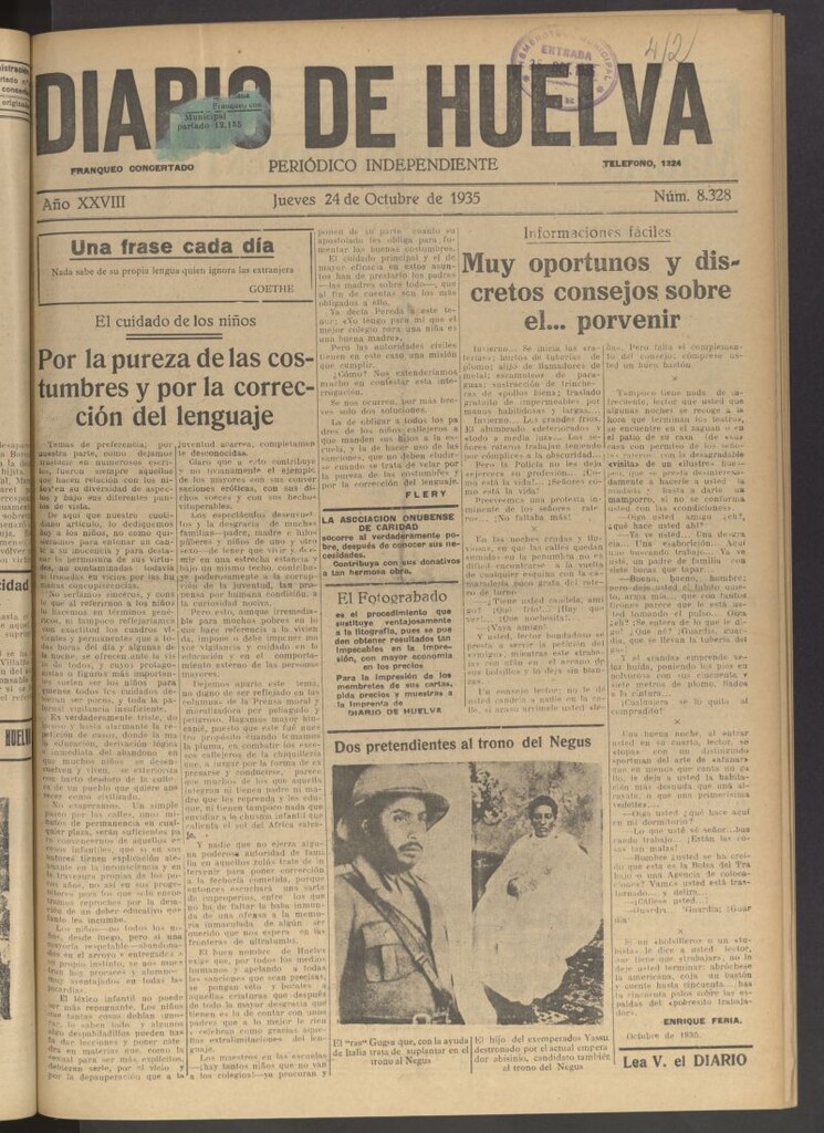 Miniatura de Diario de Huelva : periódico independiente del 24 de octubre de 1935