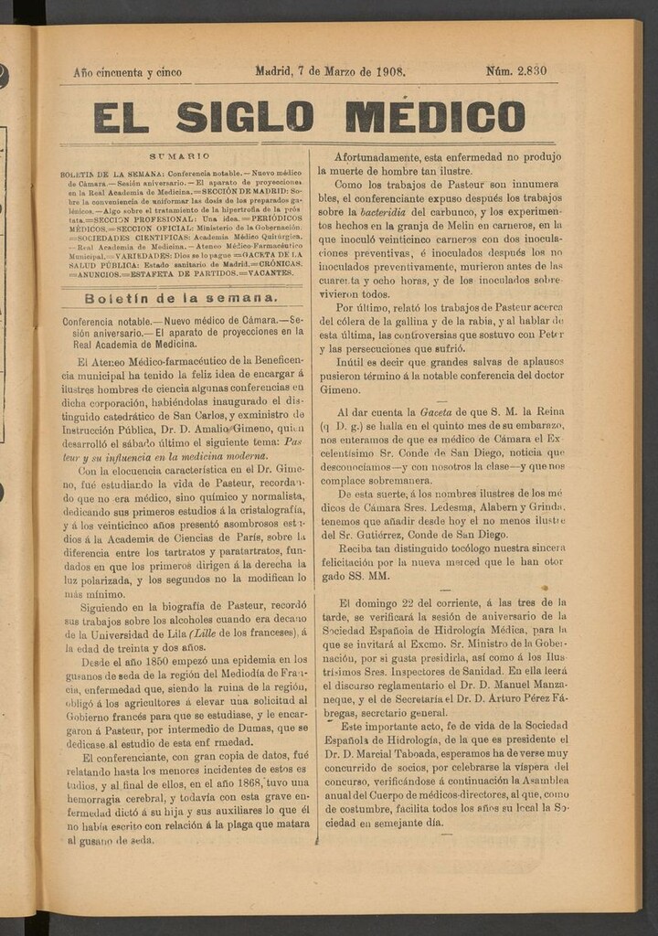 Miniatura de El Siglo Médico: boletín de medicina y gaceta médica del 7 de marzo de 1908