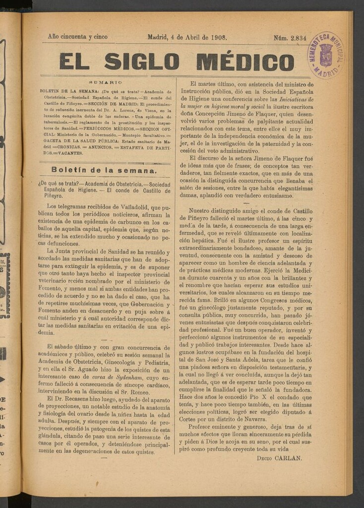 Miniatura de El Siglo Médico: boletín de medicina y gaceta médica del 4 de abril de 1908