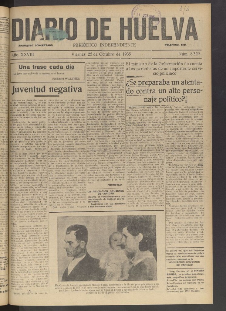 Miniatura de Diario de Huelva : periódico independiente del 25 de octubre de 1935