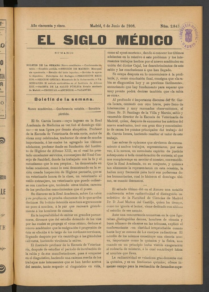Miniatura de El Siglo Médico: boletín de medicina y gaceta médica del 6 de junio de 1908