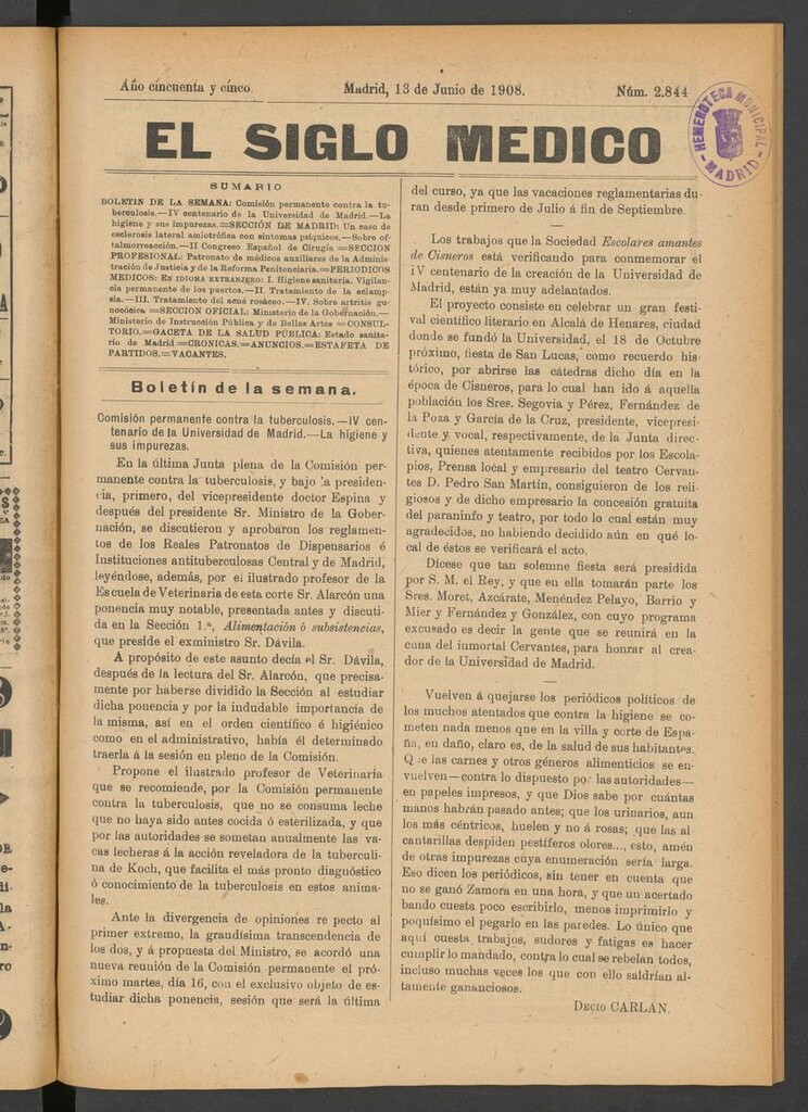 Miniatura de El Siglo Médico: boletín de medicina y gaceta médica del 13 de junio de 1908