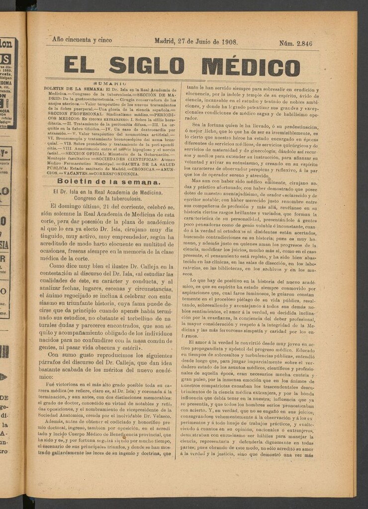 Miniatura de El Siglo Médico: boletín de medicina y gaceta médica del 27 de junio de 1908