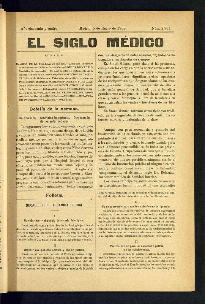 Miniatura de El Siglo Médico: boletín de medicina y gaceta médica del 5 de enero de 1907
