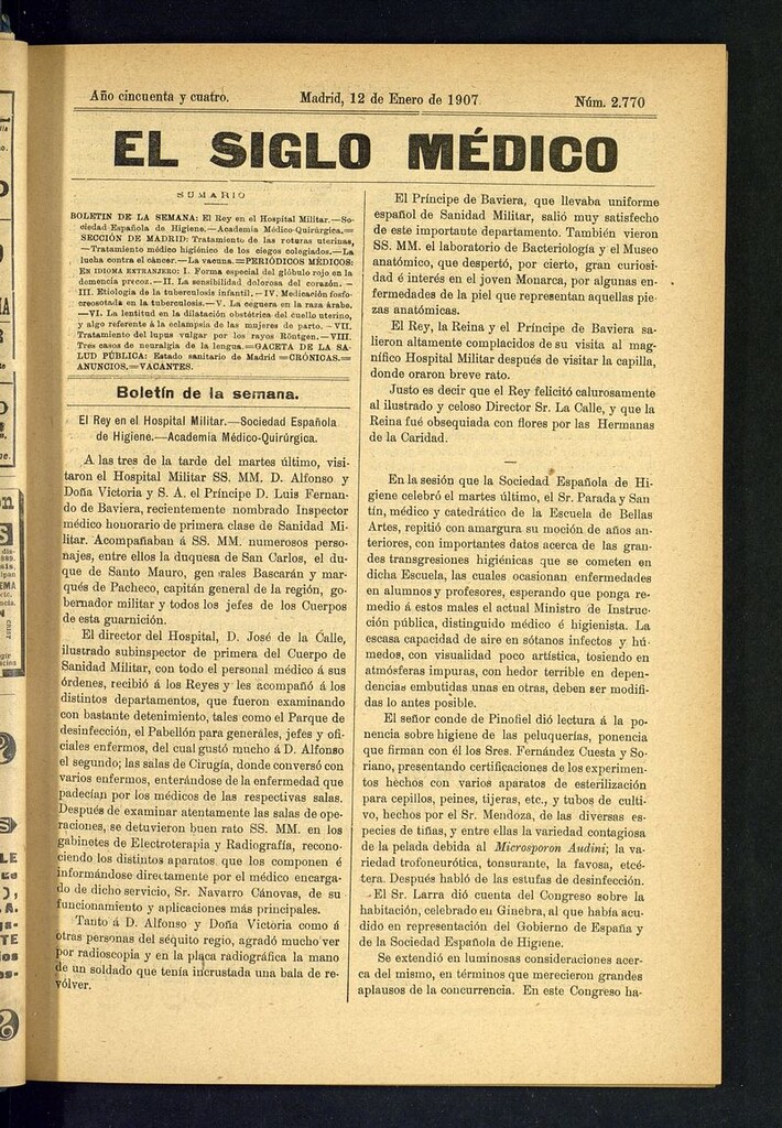 Miniatura de El Siglo Médico: boletín de medicina y gaceta médica del 12 de enero de 1907