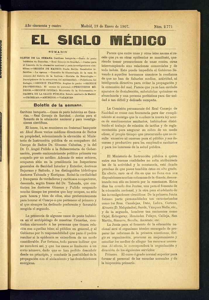 Miniatura de El Siglo Médico: boletín de medicina y gaceta médica del 19 de enero de 1907