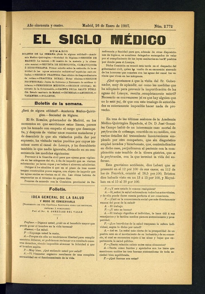 Miniatura de El Siglo Médico: boletín de medicina y gaceta médica del 26 de enero de 1907