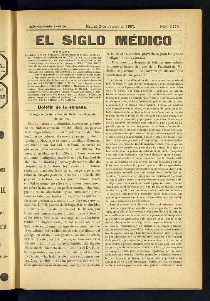 Miniatura de El Siglo Médico: boletín de medicina y gaceta médica del 2 de febrero de 1907