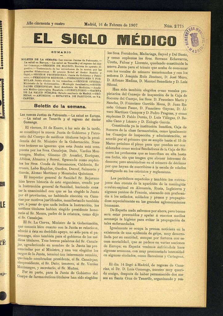 Miniatura de El Siglo Médico: boletín de medicina y gaceta médica del 16 de febrero de 1907