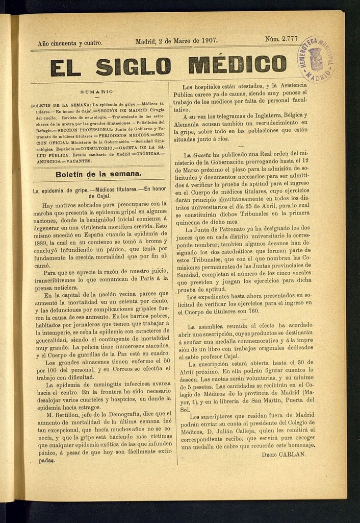 Miniatura de El Siglo Médico: boletín de medicina y gaceta médica del 2 de marzo de 1907