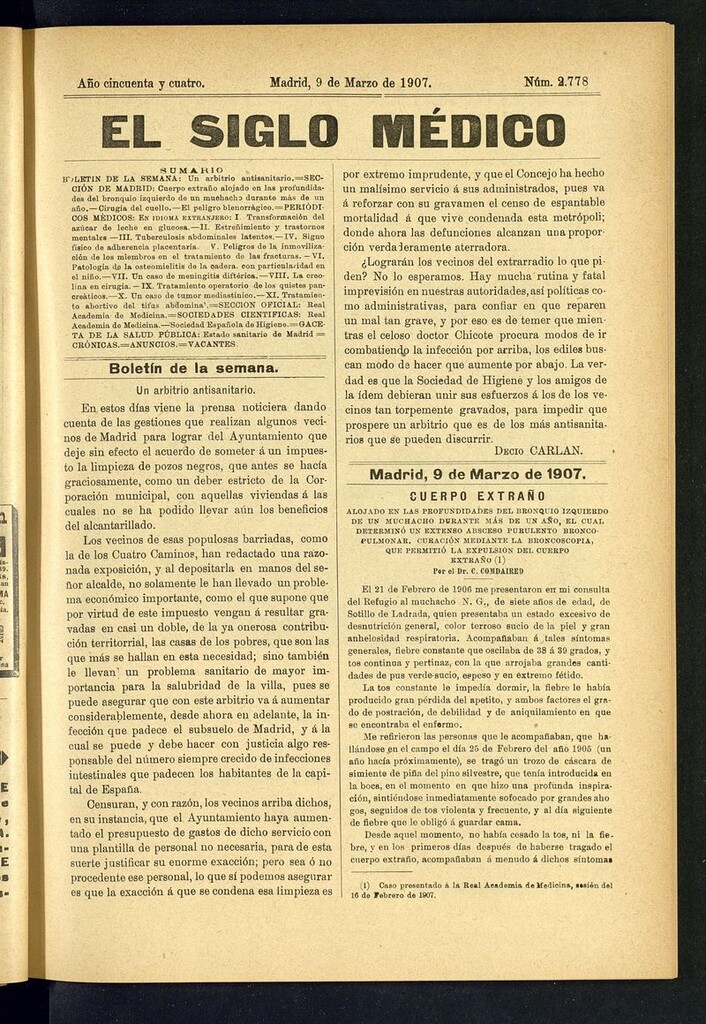 Miniatura de El Siglo Médico: boletín de medicina y gaceta médica del 9 de marzo de 1907