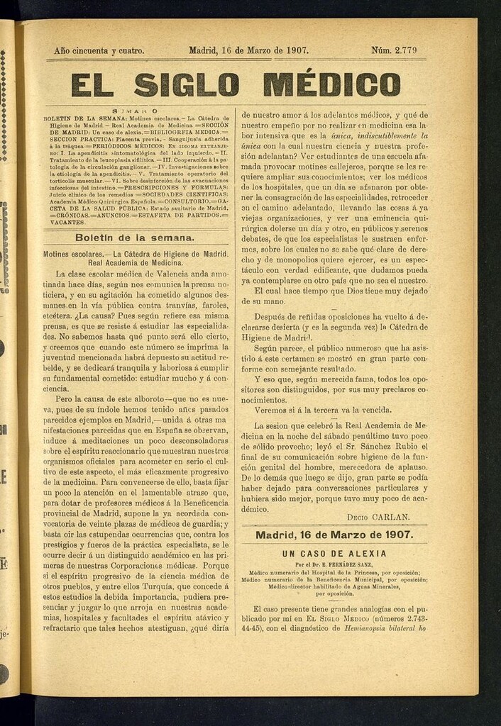 Miniatura de El Siglo Médico: boletín de medicina y gaceta médica del 16 de marzo de 1907