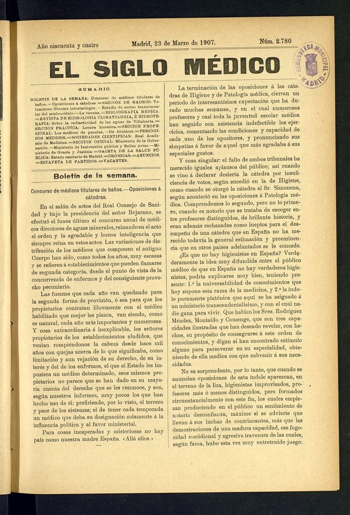 Miniatura de El Siglo Médico: boletín de medicina y gaceta médica del 23 de marzo de 1907