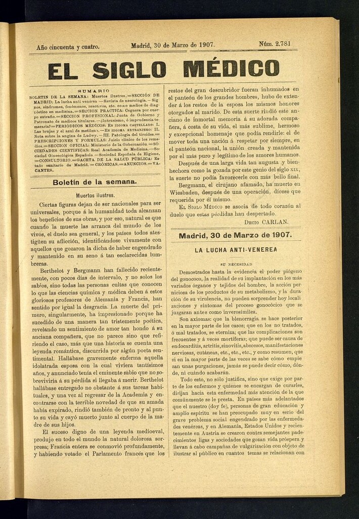 Miniatura de El Siglo Médico: boletín de medicina y gaceta médica del 30 de marzo de 1907
