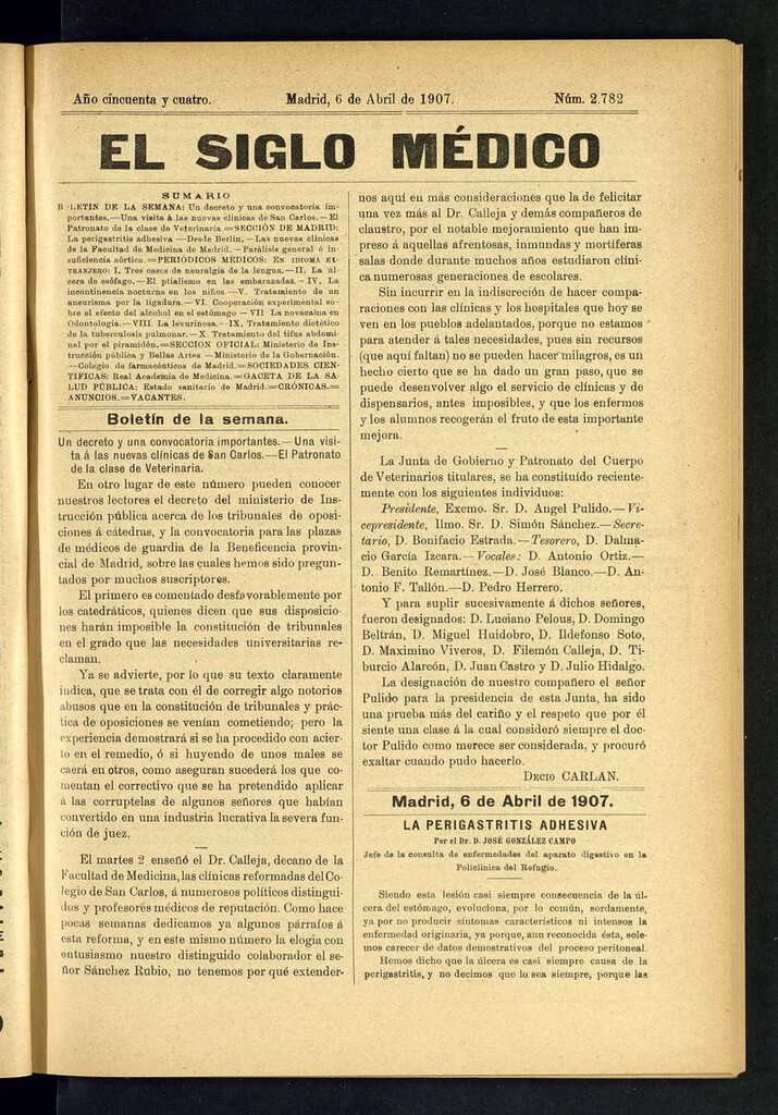 Miniatura de El Siglo Médico: boletín de medicina y gaceta médica del 6 de abril de 1907
