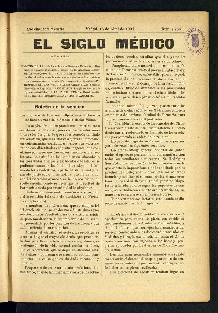 Miniatura de El Siglo Médico: boletín de medicina y gaceta médica del 13 de abril de 1907