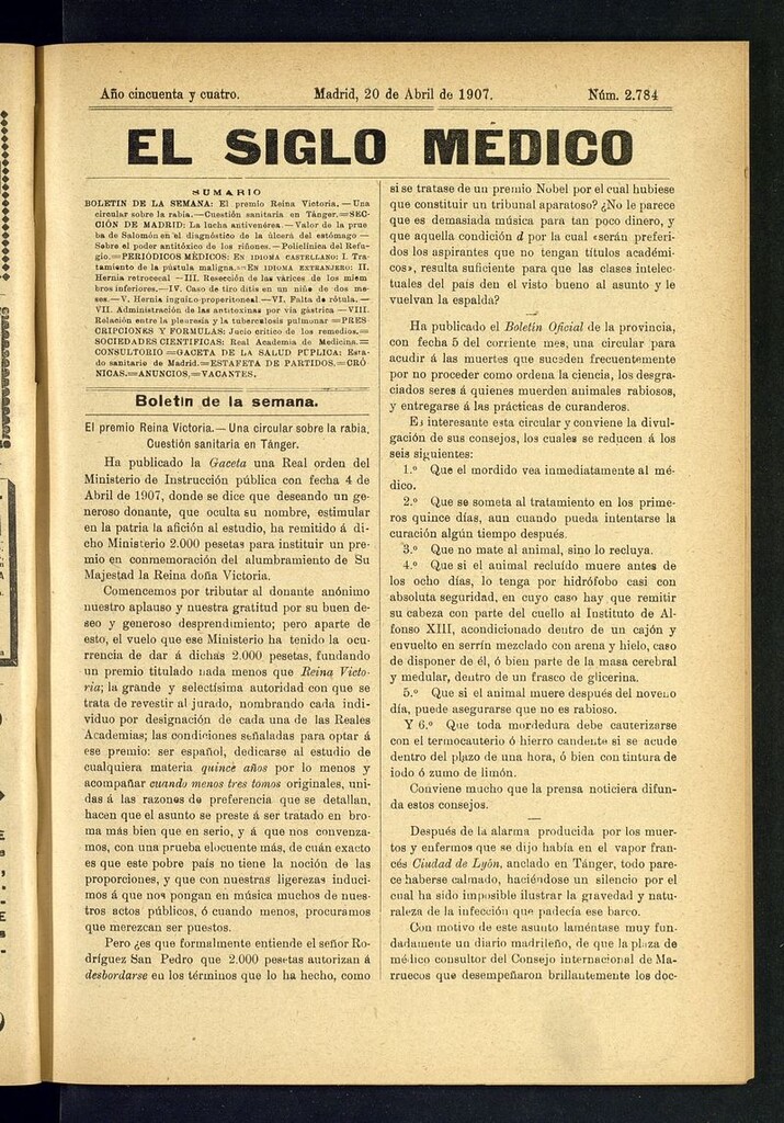 Miniatura de El Siglo Médico: boletín de medicina y gaceta médica del 20 de abril de 1907