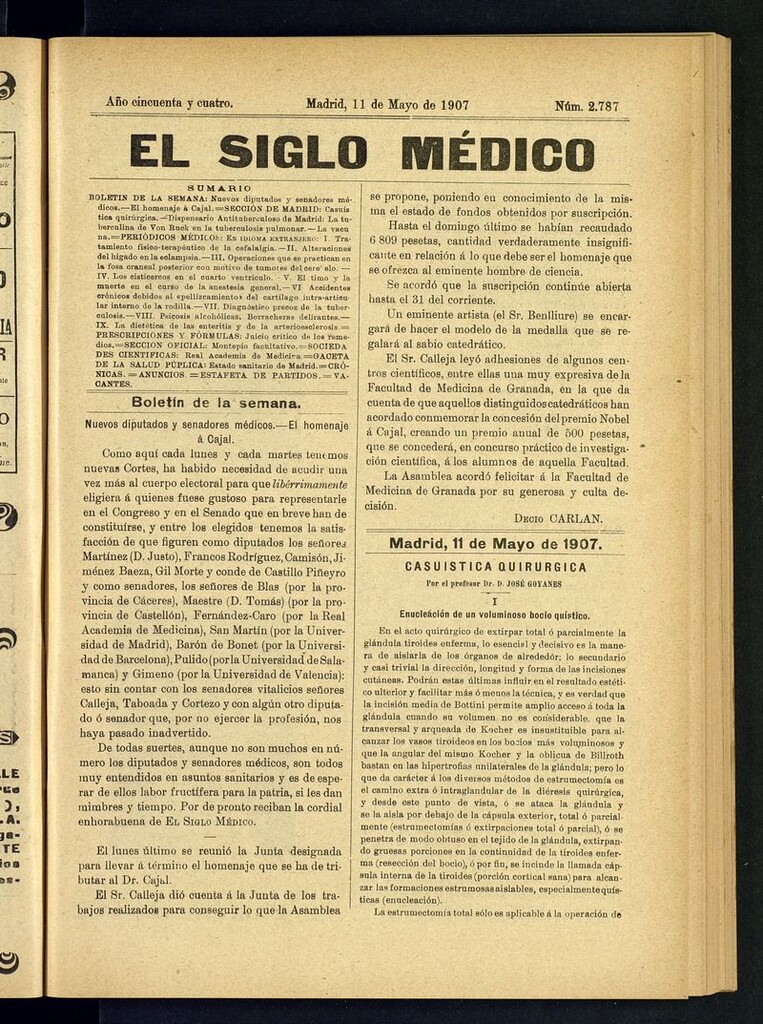 Miniatura de El Siglo Médico: boletín de medicina y gaceta médica del 11 de mayo de 1907