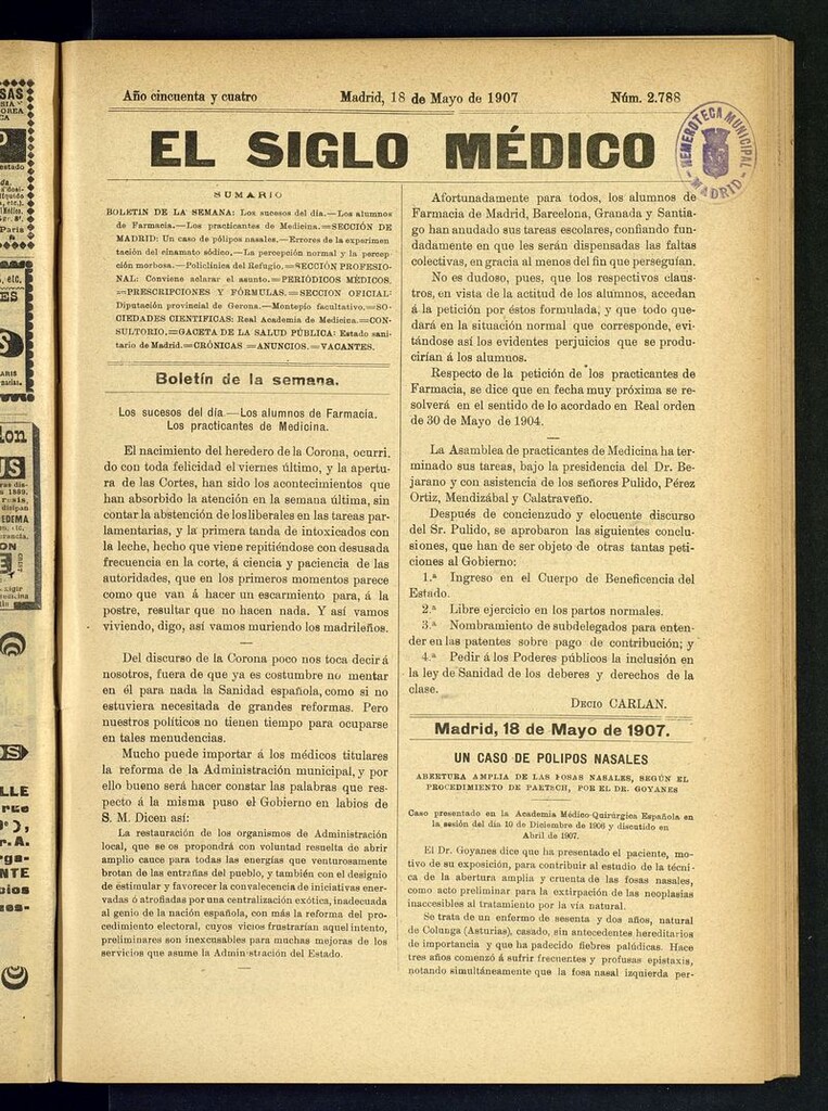 Miniatura de El Siglo Médico: boletín de medicina y gaceta médica del 18 de mayo de 1907
