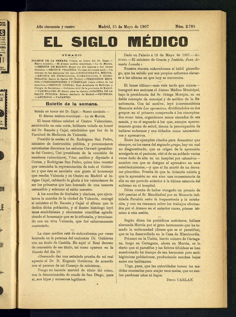 Miniatura de El Siglo Médico: boletín de medicina y gaceta médica del 25 de mayo de 1907