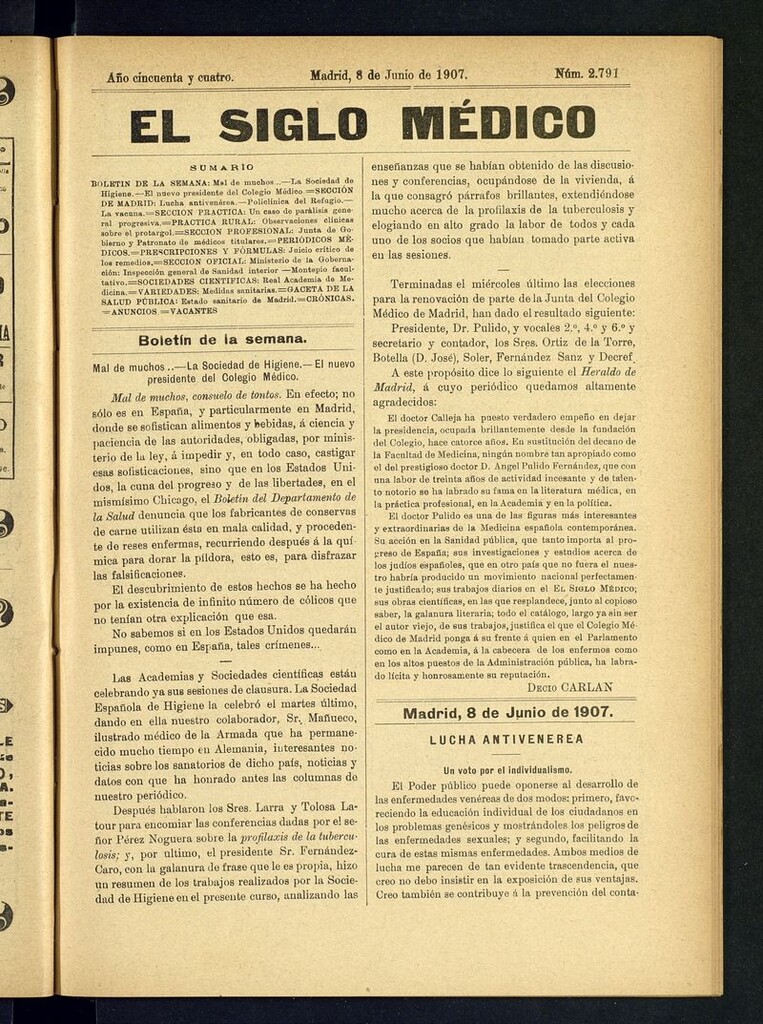 Miniatura de El Siglo Médico: boletín de medicina y gaceta médica del 8 de junio de 1907