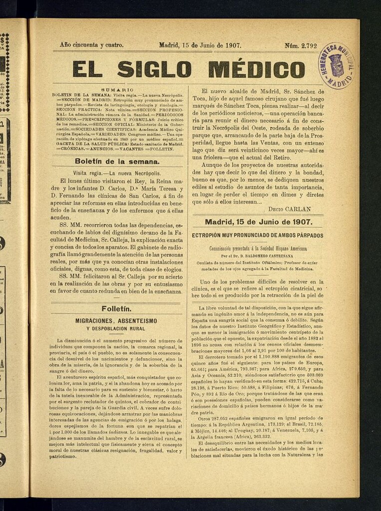 Miniatura de El Siglo Médico: boletín de medicina y gaceta médica del 15 de junio de 1907