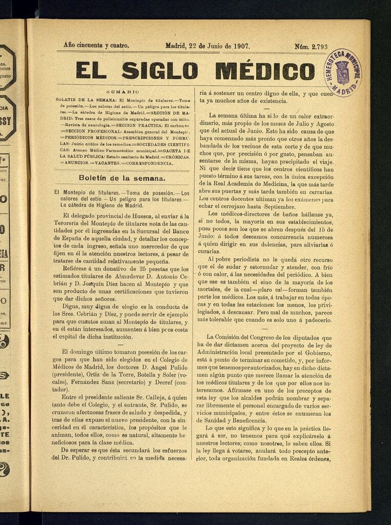 Miniatura de El Siglo Médico: boletín de medicina y gaceta médica del 22 de junio de 1907