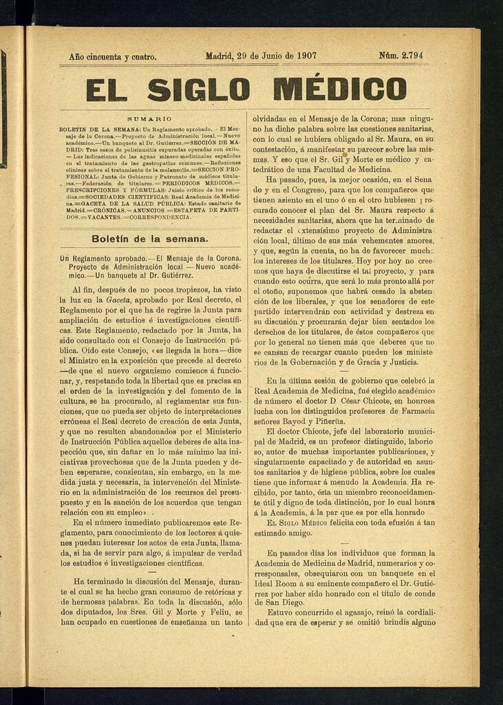Miniatura de El Siglo Médico: boletín de medicina y gaceta médica del 29 de junio de 1907