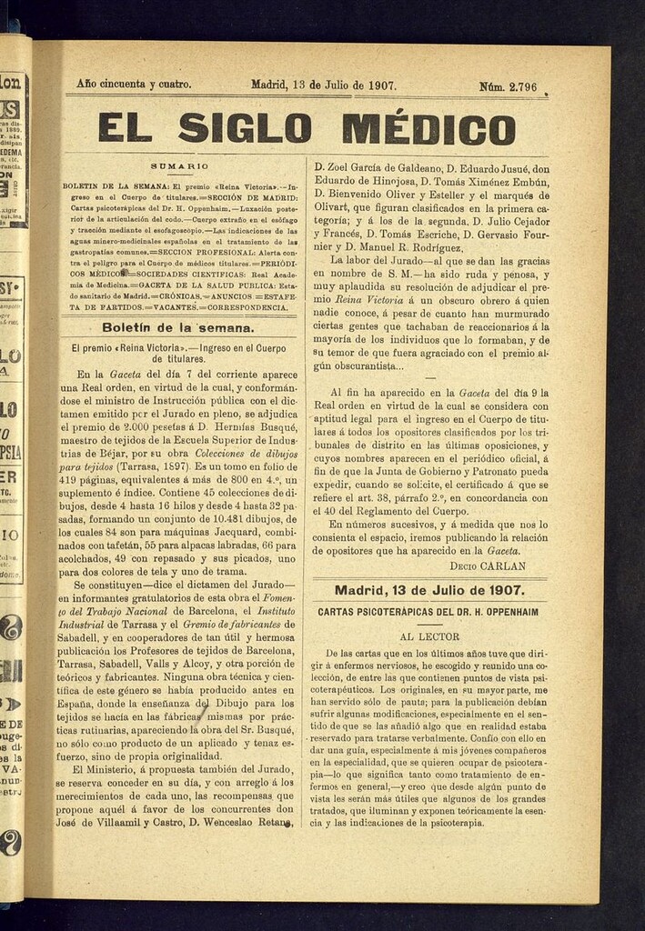 Miniatura de El Siglo Médico: boletín de medicina y gaceta médica  del 13 de julio de 1907