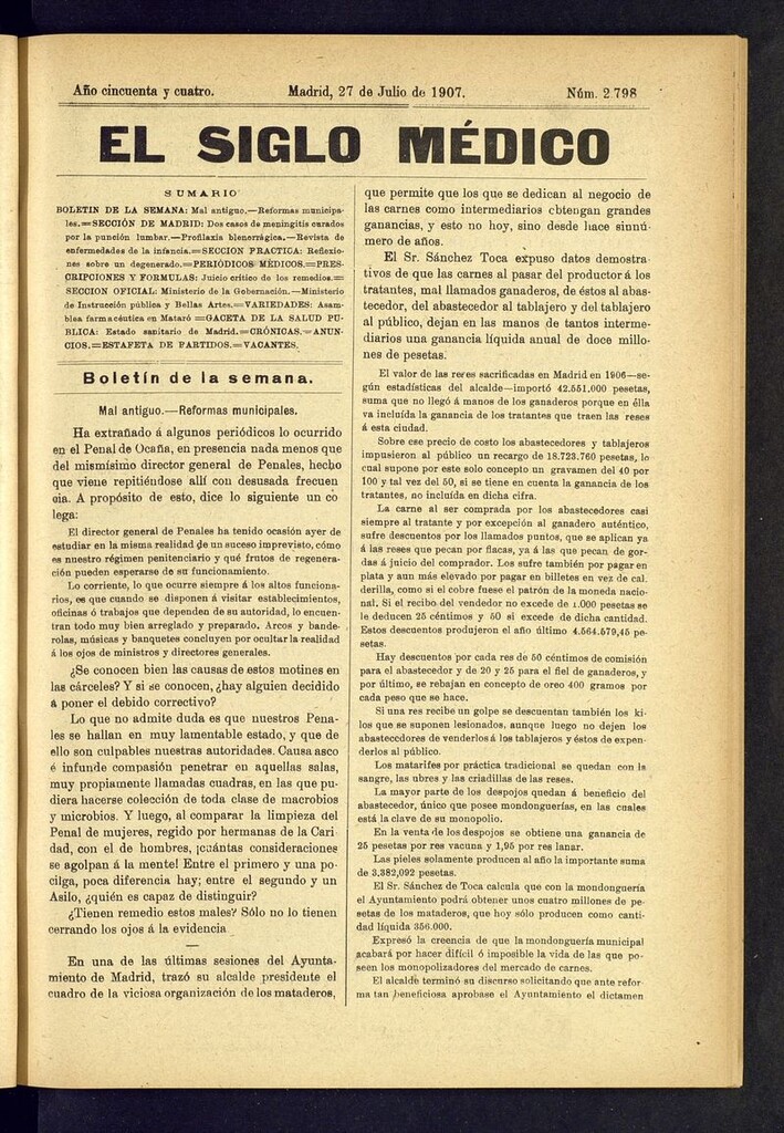 Miniatura de El Siglo Médico: boletín de medicina y gaceta médica  del 27 de julio de 1907
