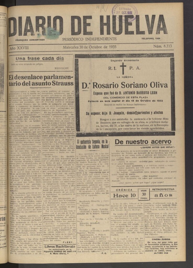 Miniatura de Diario de Huelva : periódico independiente del 30 de octubre de 1935