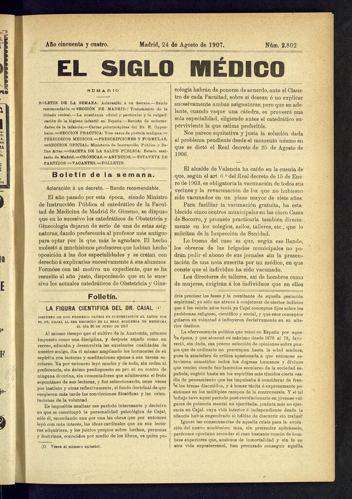 Miniatura de El Siglo Médico: boletín de medicina y gaceta médica del 24 de agosto de 1907