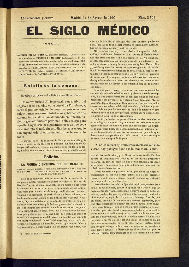 Miniatura de El Siglo Médico: boletín de medicina y gaceta médica del 31 de agosto de 1907
