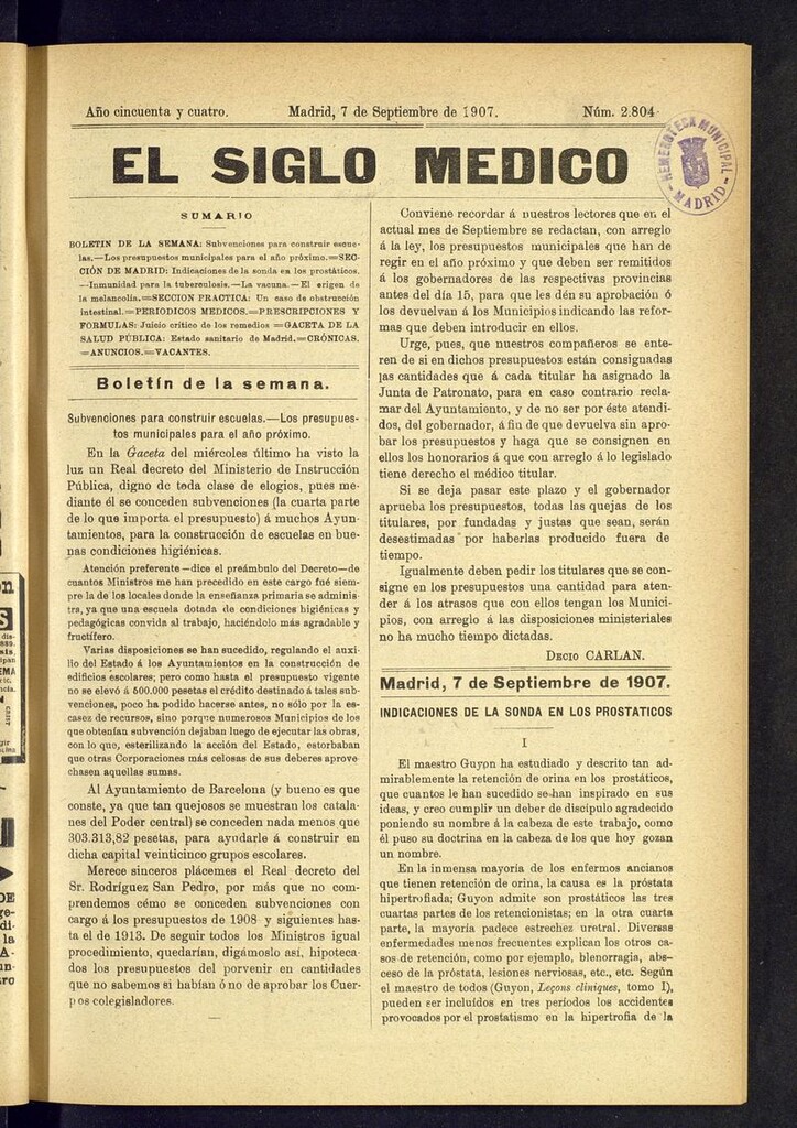 Miniatura de El Siglo Médico: boletín de medicina y gaceta médica del 7 de septiembre de 1907
