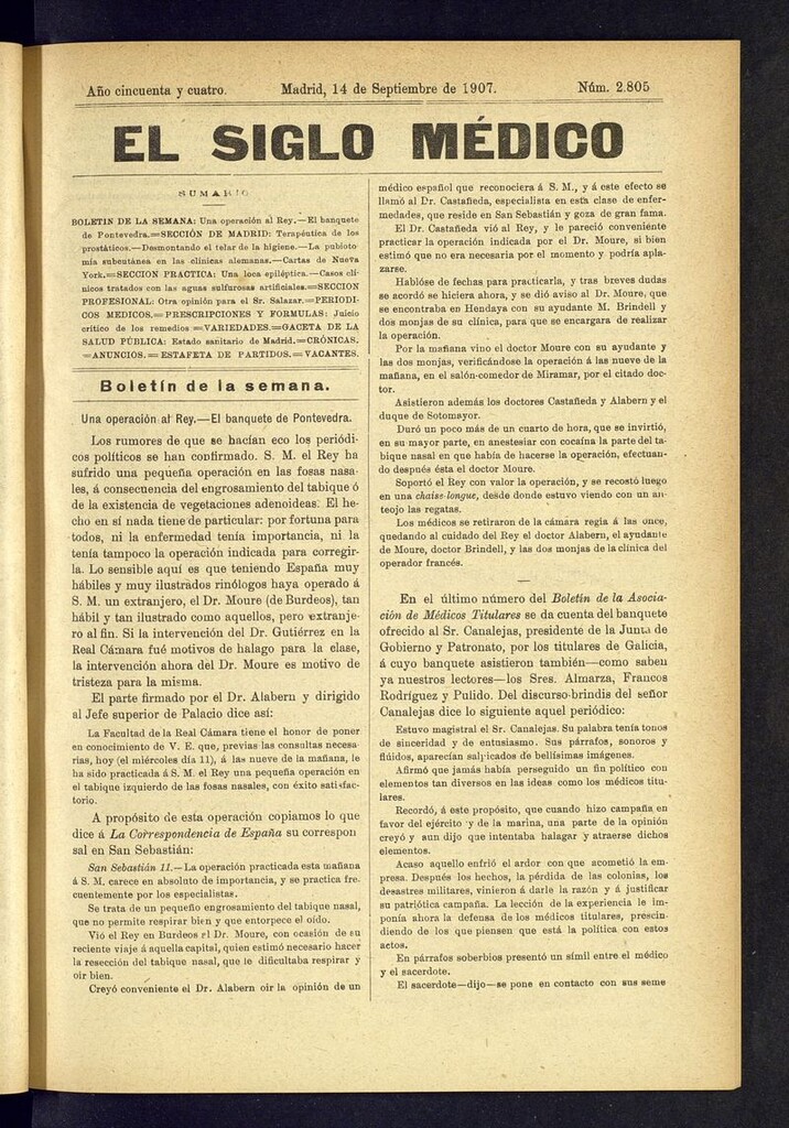Miniatura de El Siglo Médico: boletín de medicina y gaceta médica del 14 de septiembre de 1907