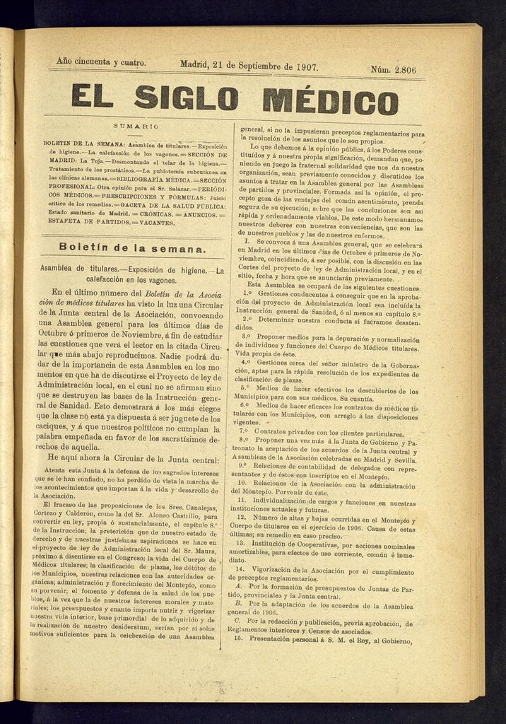 Miniatura de El Siglo Médico: boletín de medicina y gaceta médica del 21 de septiembre de 1907