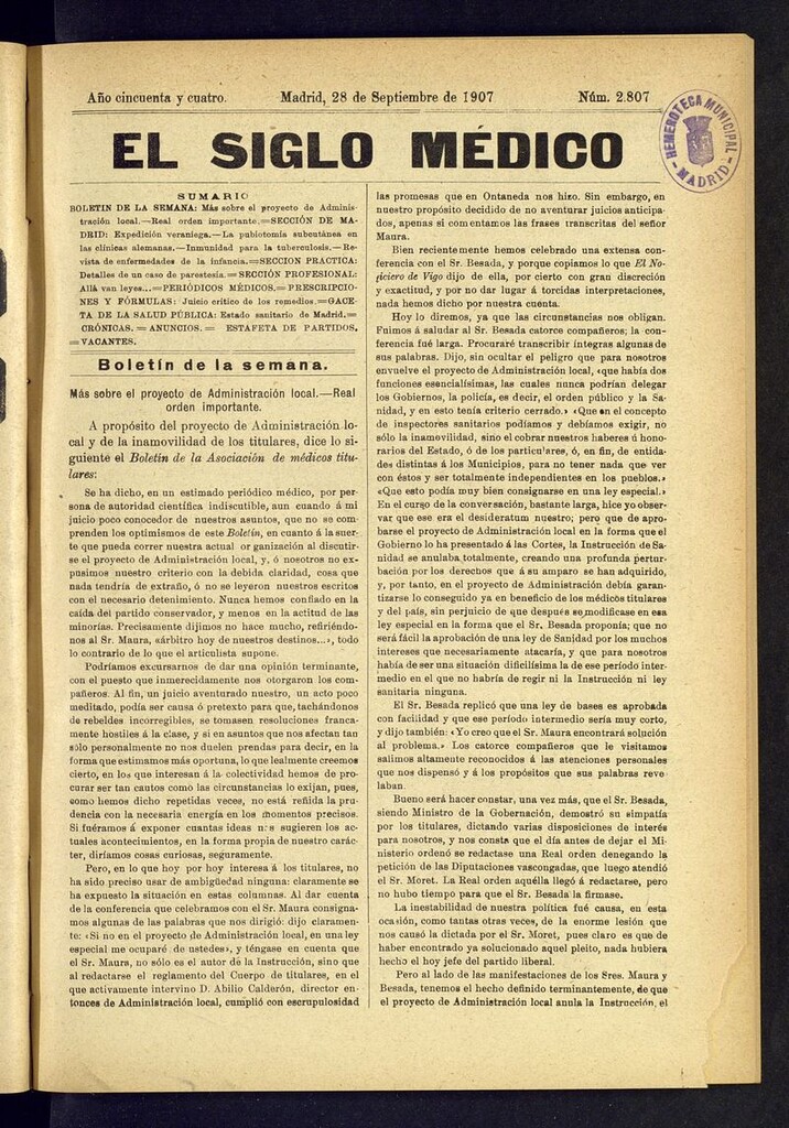 Miniatura de El Siglo Médico: boletín de medicina y gaceta médica del 28 de septiembre de 1907